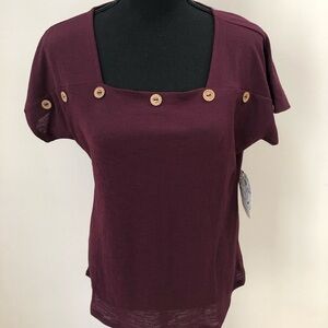 Naif Burgundy Square Neck Short Sleeve Top with Wooden Button Accents Size S NWT